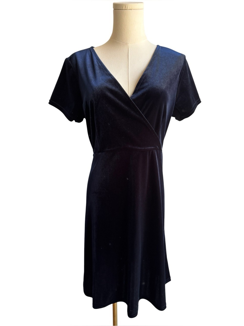 Vtg 90s Navy Blue Velvet Dress Sz L Wrap V-Neck Knee Length Short Sleeve Stretch